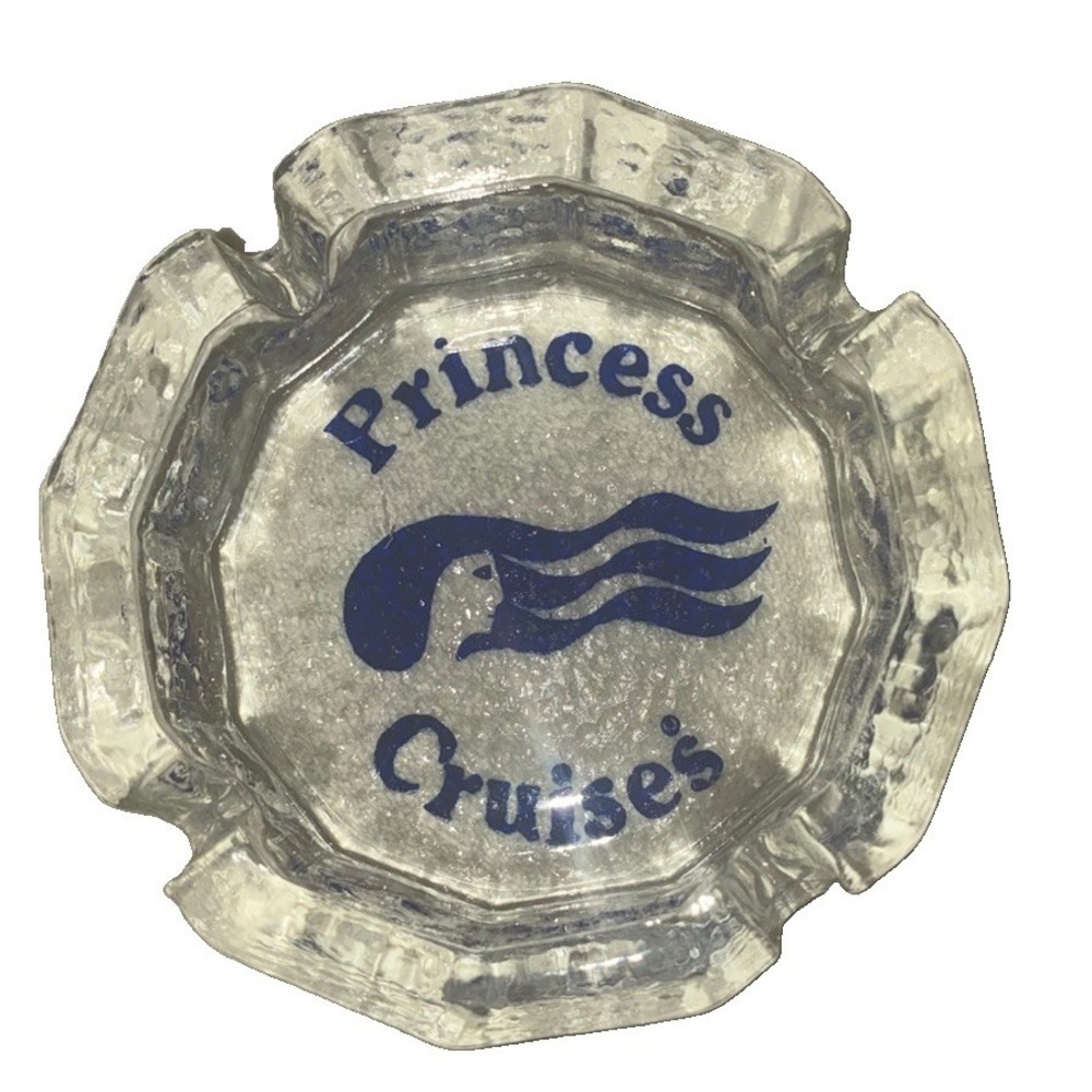 Vintage Princess Cruises Ship Ashtray Clear Glass Blue Logo Deep 4x1.5" USA